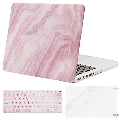 Mosiso Plastic Pattern Hard Case with Keyboard Cover with Screen Protector Only for MacBook Pro Retina 13 Inch No CD-Rom (A1502/A1425, Version 2015/2014/2013/end 2012), White Pink Marble