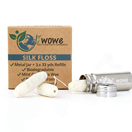 Wowe Natural Silk Dental Floss with Mint Flavored Wax, Refillable Stainless Steel Container and 3 Refills - 99 Yards Total