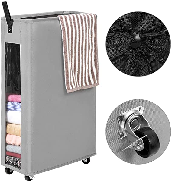 WOWLIVE 27 inches Slim Rolling Laundry Hamper with Wheels Tall Thin Laundry Basket with Clear Window Handy Collapsible Clothes Hamper Mesh Cover Rectangular Storage Corner Bin (Grey1)