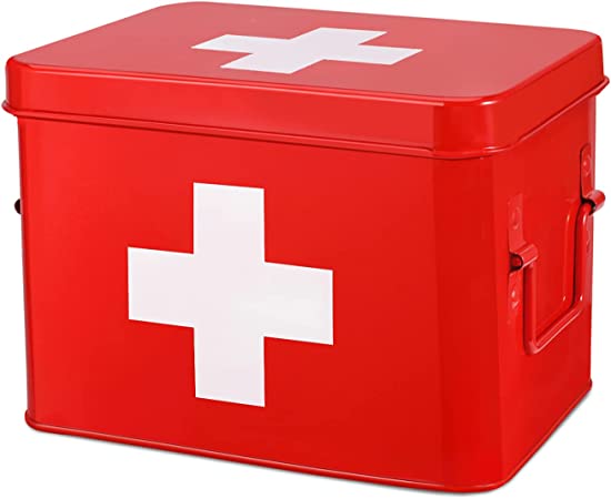 Flexzion First Aid Medicine Box Supplies Kit Organizer - 8.5" Red Metal Tin Medic Storage Bin Hard Case with Removable Tray White Cross, Vintage Antique Empty Boxes for Home Family Emergency Tool Set