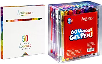 Artlicious - 50 Premium Distinct Colored Pencils & 60 Deluxe Unique Gel Pens Combo Set