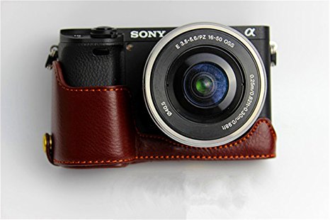 Hwota Handmade Genuine Real Leather Half Camera Case Bag Cover for Sony Alpha A6000 A6300 Bottom Opening Version   Free Leather Hand Strap -Coffee