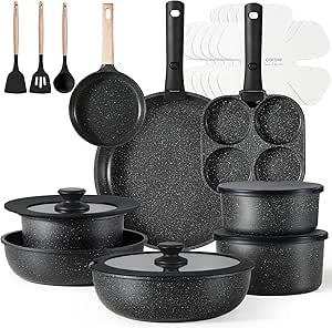 CAROTE 23pcs Pots and Pans Set Non Stick, Cookware Sets, Kitchen Set, Oven/Dishwasher/Fridge Safe, Space Saving Pots Set, Nonstick Set with Versatile Detachable Handle, Induction RV Set, Black