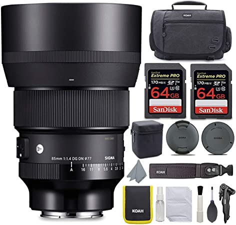 Sigma 85mm f/1.4 DG DN Art Lens for Sony E Bundle with 64GB Extreme PRO SD Card and Koah Messenger Camera Bag Advanced Travel Kit (4 Items)