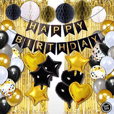 Sweet Baby Co. Black And Gold Party Decorations With Banner, Photo Booth Backdrop, Foil Balloons, Honeycomb Balls, Ribbon | New Years Eve, Graduation, Birthday Decorations (Gold, Black, Silver, White)