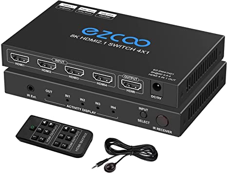 HDMI Switch 8K 4x1 4K 120Hz CEC Atmos IR Remote Extend Cable - ARC HDMI2.1 Switcher 4 in 1 Out 240Hz 144Hz for Game Monitor PS5 Xbox PC Mac Window Nintendo Apple TV SW41H21