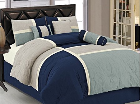 Chezmoi Collection 7-Piece Quilted Patchwork Comforter Set, Queen, Blue/Gray