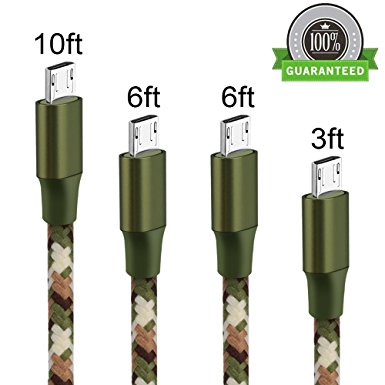 ONSON Micro USB Cable,4Pack 3FT 6FT 6FT 10FT Nylon Braided High Speed Android Charger USB to Micro USB Cable Samsung Fast Charger Charging Cord for Samsung Galaxy S7 Edge/S6/S4/Note 5/4(CamoGreen）