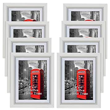 PETAFLOP 4x6 Picture Frame Set White 4 x 6 Wall Mount Picture Frame Set with Mat, 8 Pieces