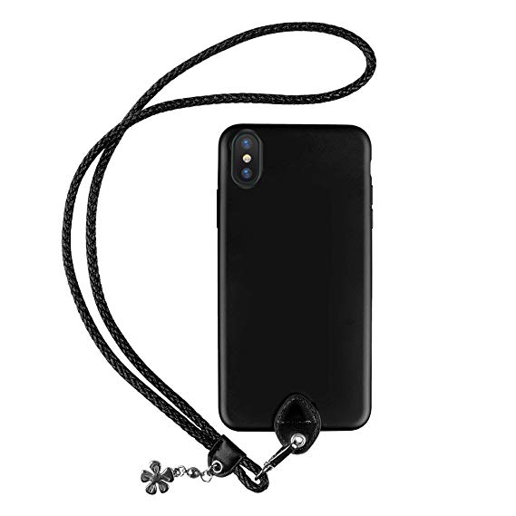 pzoz Casr Compatible iPhone X Case, Slim Silicone Lanyard Case Cover Holder Long Hanging Neck Wrist Strap Outdoors Travel Necklace Compatible iPhone X (Black)