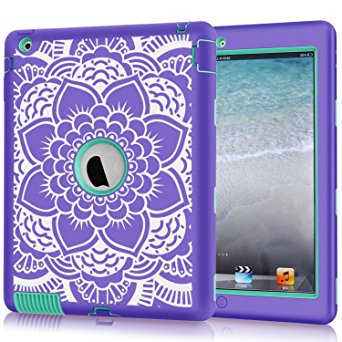 iPad 2 / 3 / 4 Case, Hocase Rugged Shock Absorbent Double Layer Hard Rubber Protective Case Cover with Cute Flower Pattern for Apple iPad 2nd / 3rd / 4th Generation Retina - Purple / Aqua