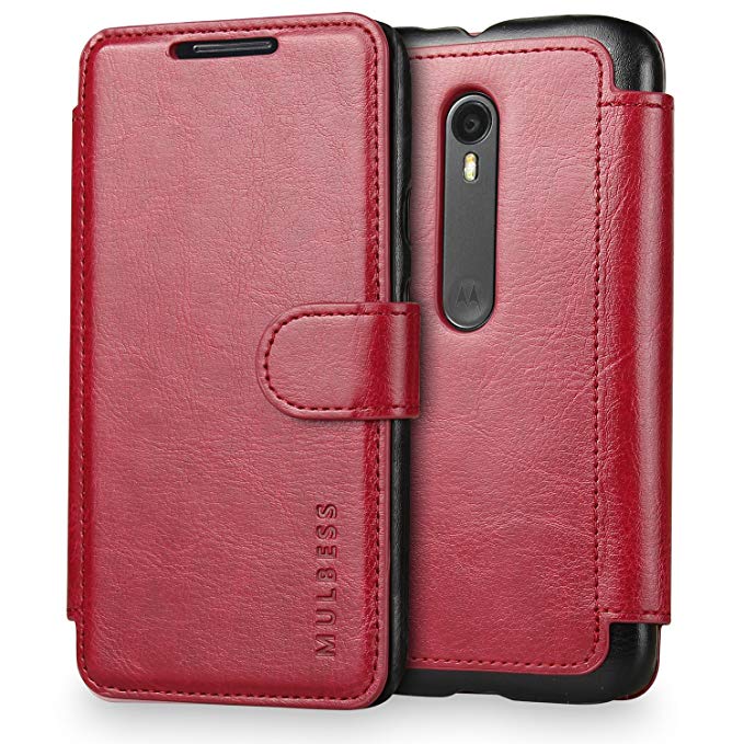 Mulbess Wallet Case for Motorola Moto G 3rd, [Layered Dandy Design] [Magnetic Closure] Leather Flip Phone Case for Motorola G 3rd Case Wallet Cover, Wine Red
