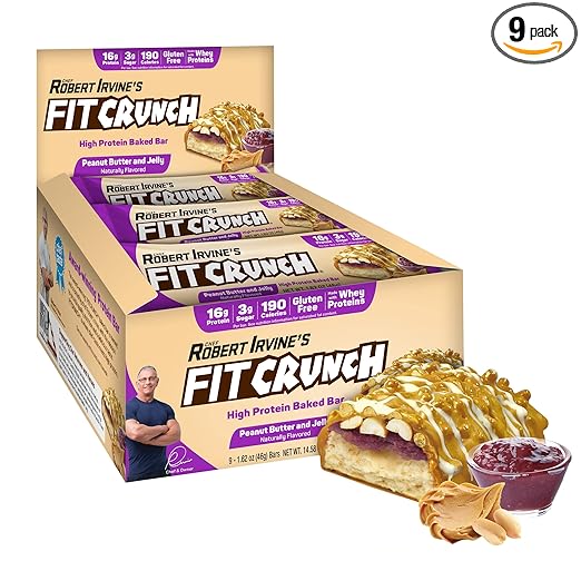 FITCRUNCH Snack Size Protein Bars, Designed by Robert Irvine, World’s Only 6-Layer Baked Bar, Just 3g of Sugar & Soft Cake Core (Peanut Butter and Jelly)