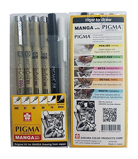 Sakura Pigma Micron pen, Archival pigment ink drawing pens - 6 pieces Manga Basic Set supplies for artist (005, 01, 05, 08, FB brush pen, Gelly roll pen white)