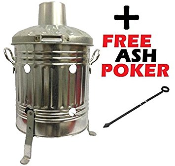 Mini Garden 15L Litre Galvanised Incinerator Small Fire Bin - Ideal for Burning Paper, Leaves, Wood, Rubbish   FREE ASH POKER