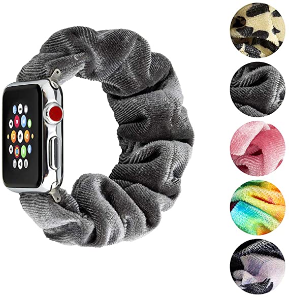 Compatible with Apple Watch Band Scrunchie 38mm 40mm 42mm 44mm Women, Soft Cloth Elastic Sport Wristband Cute Pattern Printed Fabric IWatch Scrunchy Band Series 5/4/3/2/1,38mm 40mm Gray