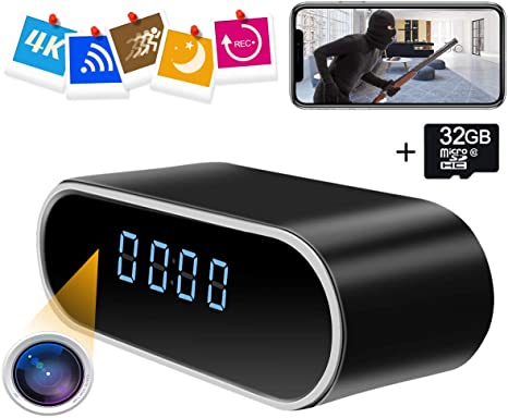Hidden Camera Clock ZXWDDP Spy Wireless Full HD 4K & 1080P Home Security Nanny Camera with Low Light Night Vision-Motion Detection-Free 32G Card-Support iOS/Android-12 Hour System