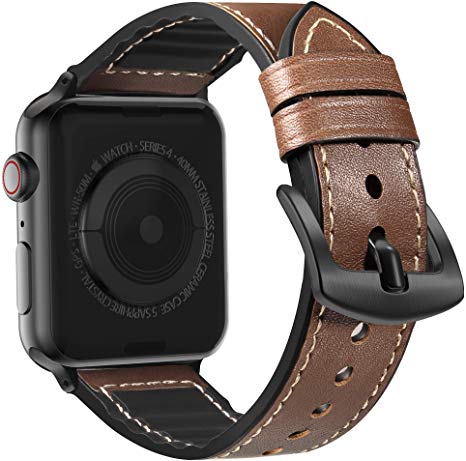 MARGE PLUS Compatible Apple Watch Band 44mm 42mm with Case, Sweatproof Hybrid Genuine Leather Silicone Sports Watch Band with Protective Case Replacement for iWatch Series 5 4 3 2 1, Dark Brown
