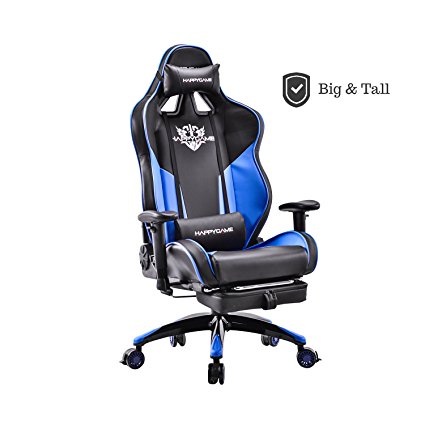 HAPPYGAME Racing Style Gaming Chair - with Adjustable Tilt, Footrest and Lockable Wheels High-back Leather Executive Computer Office Chair with Lumbar Support & Headrest (Black/Blue)