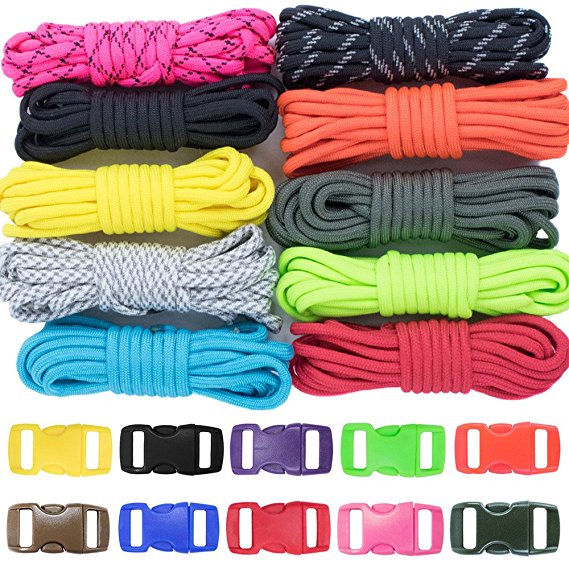 West Coast Paracord Zesty 550lb Survival Paracord Random Combo Crafting Kit by 10 Colors of 500lb Cord & 10 FREE buckles - Type III Paracord - Make 10 Paracord bracelets-Great Gift