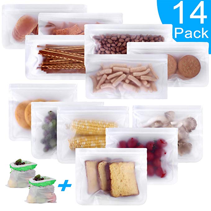 Reusable Storage Bags- Extra Thick Leak Proof Freezer Bags(6 Reusable Sandwich Bags   6 Reusable Snack Bags   2 Reusable Produce Bags) - BPA FREE Easy Seal Ziplock Lunch Bag for Food Storage 14 Pack