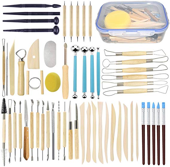 Augernis 57PCS Ceramic Clay Tools Set with Plastic Case Modeling Pottery Sculpting Tools Kits for Beginners Professionals Kids After School Ceramics Classes