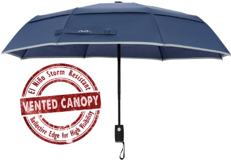 Arcadia Outdoors Vented Double Canopy Wind Resistant Travel Umbrella with Reflective Edge - Auto OpenClose - Lifetime Guarantee