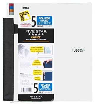 Five Star Advance Spiral Notebook, 5-Subject, 200 College-Ruled Sheets, 11 x 8.5 Inch Sheet Size, White (72484)