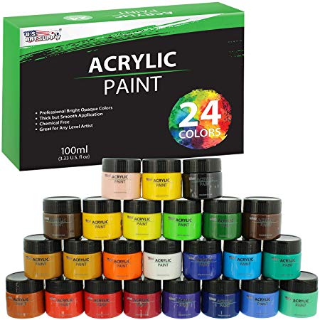 U.S. Art Supply 24 Color Acrylic Paint Jar Set 100ml Bottles (3.33 fl oz) - Professional Artist Bright Opaque Colors