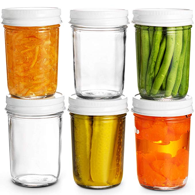 Glass Mason Jars Full Mouth - 8 Ounce - (6 Pack) Glass Jars with Metal Airtight Lids Perfect Meal Prep, Food Storage, Canning, Drinking Jars, for Jelly, Jam, Dry Food, Spices, Herbs, Salads, Yogurt,