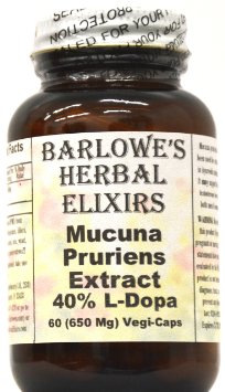Mucuna Pruriens 40% L-dopa Extract - 60 650mg VegiCaps -Stearate Free, Bottled in Glass!