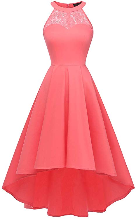 DRESSTELLS Women's Vintage 50's Bridesmaid Halter Floral Lace Cocktail Prom Party Hi-Lo Dress