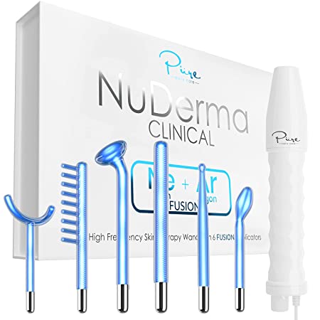 NuDerma Clinical Skin Therapy Wand - Portable Handheld High Frequency Skin Therapy Machine w 6 FUSION Neon   Argon Wands - Natural Acne Treatment - Skin Tightening - Wrinkle Reducing - Facial Skin
