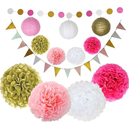 Pink and Gold Party Supplies Tissue Paper Pom Pom Paper Lantern Paper Garland and Triangle Flags for Baby Shower Decorations First Birthday Decorations Bridal Shower Decorations