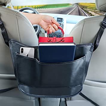 Fekey&JF Car Cache - Handbag Holder, Car Seat Back Organizer Leather Mesh Large Capacity Bag for Purse Storage Phone Documents Pocket,Barrier of Backseat Pet Kids, Cargo Tissue Holder (Black 1)