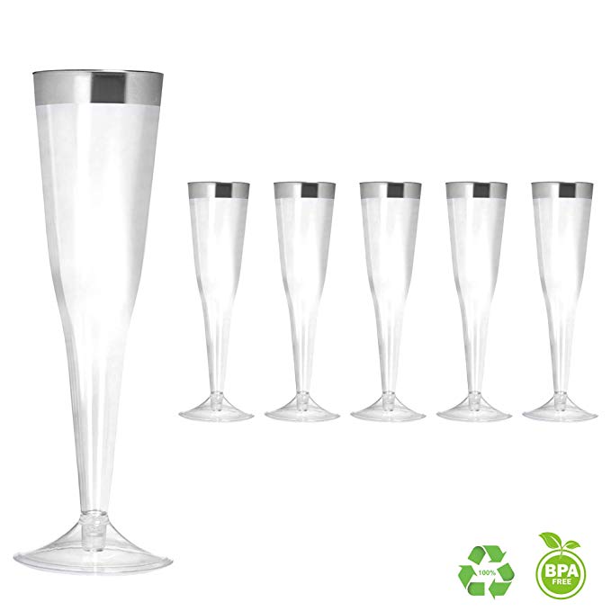 6 Oz Silver Rimmed Clear Plastic Champagne Flutes Fancy Disposable Cups with Silver Rim Prefect for Holiday Party Wedding and Everyday Occasions (50 Pack)