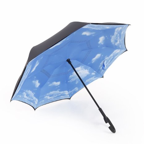 Landrind Windproof Reverse Folding Double Layer Inverted Umbrella and Self Standing Inside Out Rain Protection Umbrella with C-shaped Hands Free Handle, Best Compact Travel Umbrella