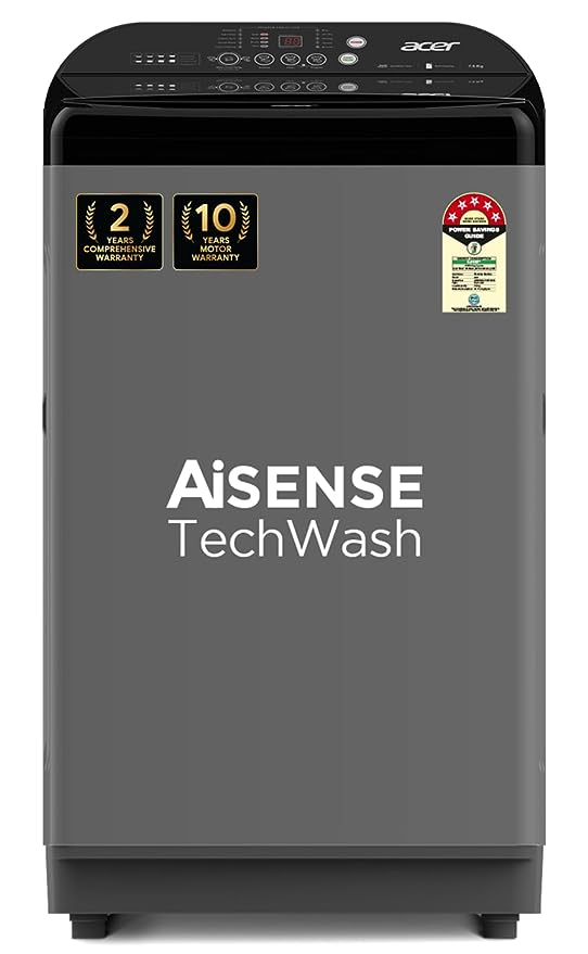 Acer 7.5 Kg Halo Wash Series Fully-Automatic Top Load Washing Machine (AiSense, HelixFlow Pulsator, Pro-Foam Tub, 5 Star Energy Rating, CareTec Wash, AR75FATLP1GT, 2023 Model, Grey)