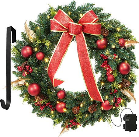 OasisCraft 24" Christmas Wreath Spruce Red Wreath Front Door with Pine Cones, Berries -50 LED Lights