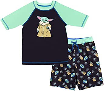 Star Wars The Mandalorian Baby Yoda 2 Piece Rash Guard & Swim Trunks Set