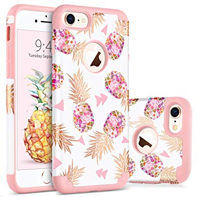 BENTOBEN Phone Case for iPhone 7/8, Soft Hybrid Hard PC and Silicone Bumper Shockproof Protective Case Cover with Bronzing Leaf Rice White Pineapple Pattern Design, Rose Gold.