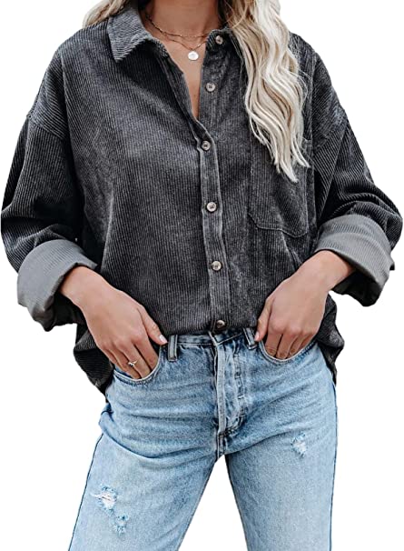 Dokotoo Womens Corduroy Button Down Shirts Boyfriend Long Sleeve Oversized Blouses Tops