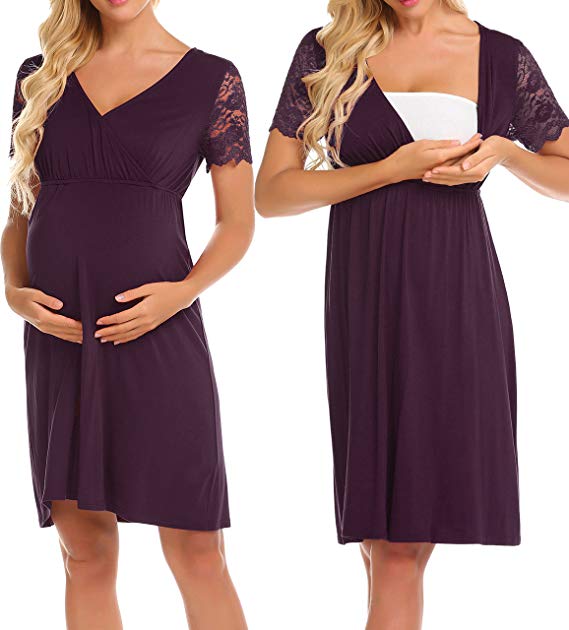 MAXMODA Womens Delivery/Labor/Maternity/Nursing Nightgown Pregnancy Gown for Hospital Breastfeeding Dress