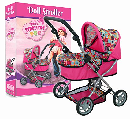 Doll Pram Super Cute with Adjustable Handle and Storage Basket