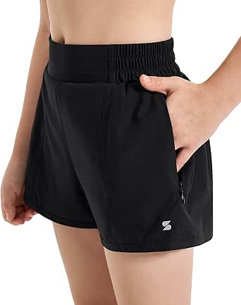 Stelle Girl's Athletic Shorts with Liner Zipper Pockets Elastic Waist Running Shorts Sports Active Shorts for Teen Kids