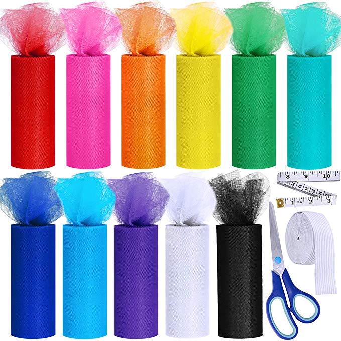 11 Colors Rainbow Tulle Rolls Tulle Netting Rolls Tulle Fabric Spool Ribbon - 6" by 25 Yards/Spool and Sewing Scissor Measuring Tape Knit Elastic Spool for Table Skirt Rainbow Party Tulle Skirt