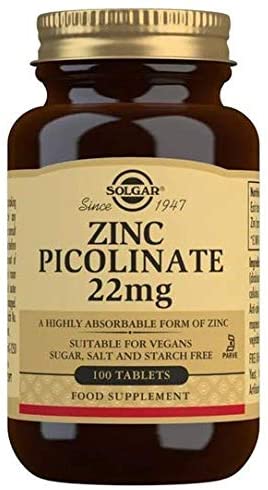 Solgar Zinc Picolinate 22 mg, 100 Tablets - Promotes Healthy Skin - Supports Immune System, Normal Taste & Vision - Antioxidant - Non GMO, Vegan, Gluten Free, Dairy Free, Kosher - 100 Servings