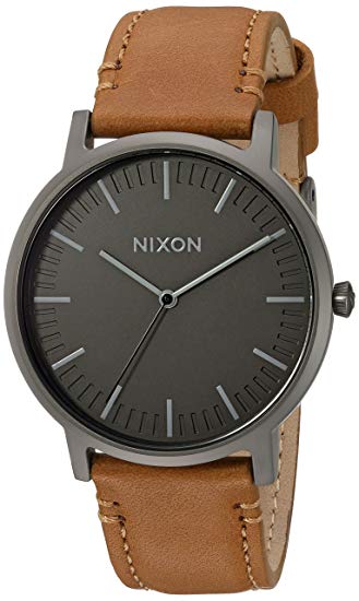 Nixon Porter Leather A10582494-00. Gunmetal Grey and Tan Leather Men’s Watch (20-18mm Brown Leather Band and Gunmetal 40mm Watch Face)