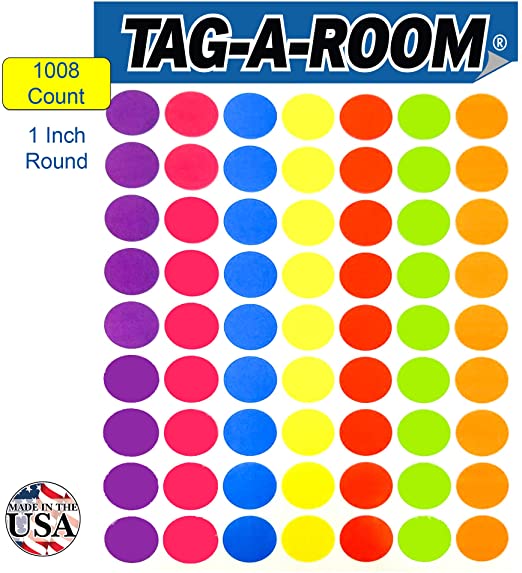 Tag-A-Room 1 Inch Round Color Coding Circle Dot Sticker Labels, 7 Bright Colors, 8 1/2" x 11" Sheet (1008 Pack)