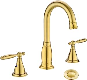 Phiestina 3 Hole 8 Inch Brushed Gold 2 Handle Widespread Bathroom Faucet with Metal Pop Up Drain,WF017-4-BG